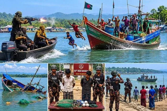 A camouflaged Border Guard Bangladesh (BGB) patrol boat navigating the waters of the Naf River along the forested hills of the Bangladesh-Myanmar border.