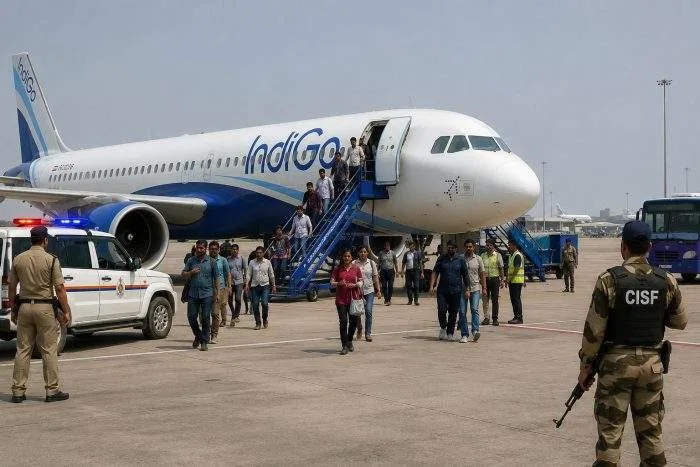 Horizontal view of an IndiGo passenger aircraft parked on the tarmac at Chaudhary Charan Singh International Airport.