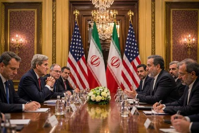 Horizontal split shot of the US White House and the Iranian Foreign Ministry building in Tehran.