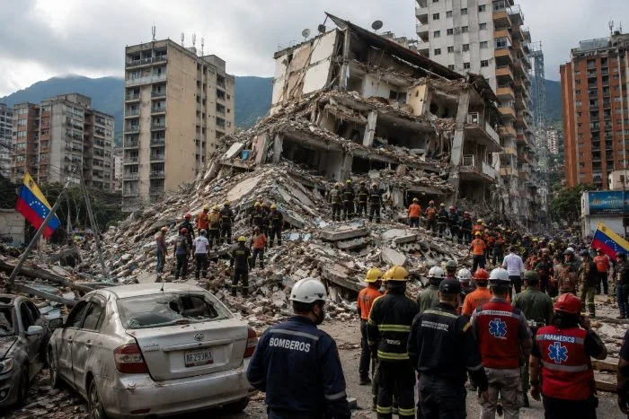 A wide-angle, realistic photo of a street scene in Caracas following a severe earthquake. Rubble and chunks of concrete from damaged buildings litter the pavement. In the background, residents gather outside in open plazas away from structurally compromised high-rises under a hazy, dust-filled sky. Emergency vehicles with flashing lights are visible in the distance.
