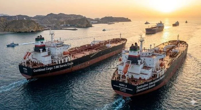 Horizontal view of the National Iranian Tanker Company’s supertankers navigating through the Gulf of Oman after exiting the blockade zone.