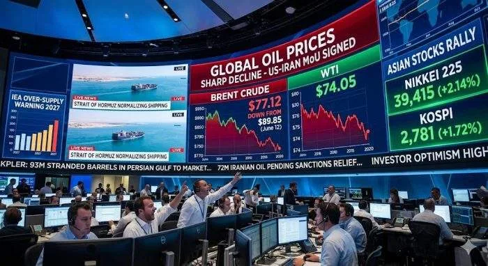 Horizontal view of a digital financial chart showing a sharp downward trend in international oil prices alongside a refinery silhouette.