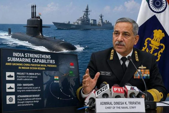 An imposing black Indian Navy attack submarine cruising along the surface of the open ocean during high-seas naval maneuvers.