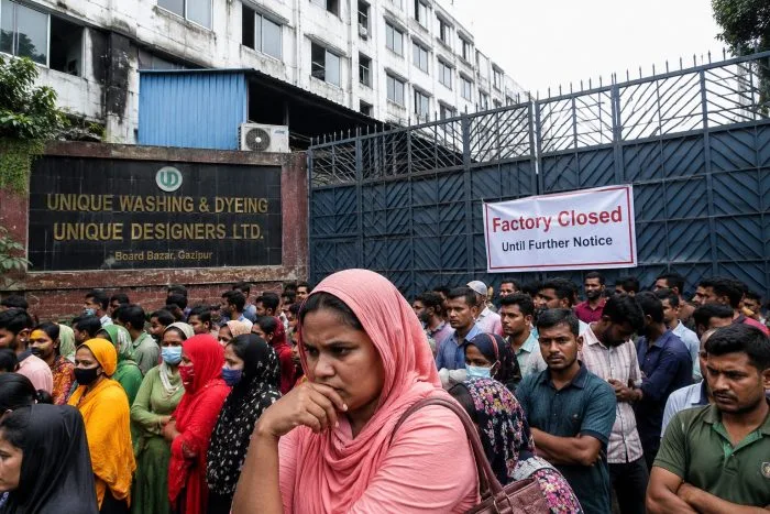 A close-up photograph of a heavy, rusted iron padlock securing the chain-linked main gates of an empty textile industrial building in Bangladesh. In the softly blurred background, a few garment workers stand near the entrance, holding folder papers or union leaflets with solemn and anxious expressions under an overcast sky.