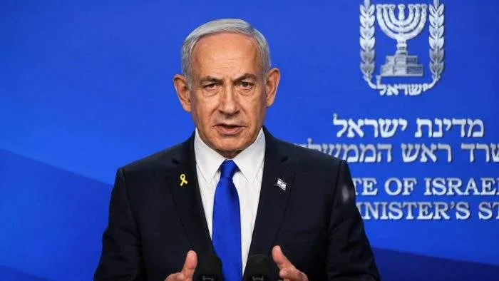 Israeli Prime Minister Benjamin Netanyahu delivering a video address from a fortified bunker overlooking the historic Beaufort Castle in southern Lebanon.