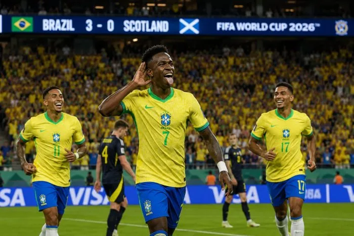 An action photograph of Brazilian forward Vinícius Júnior running toward the corner flag at the Hard Rock Stadium in Miami, arms spread wide in celebration. He is wearing the bright yellow Brazil national team jersey. In the background, the stadium stands are filled with cheering fans in yellow and blue, creating a vibrant, high-energy atmosphere under bright stadium floodlights.