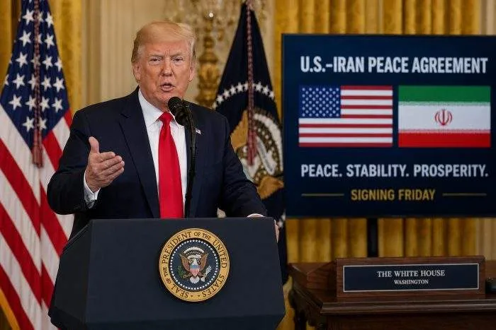 Horizontal view of the US White House backdrop with symbolic flags representing diplomatic peace negotiations.