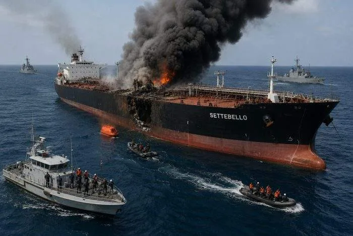 : Horizontal view of the Palau-flagged oil tanker Settebello with visible damage to its engine room after the missile strike.