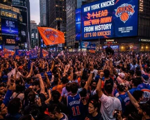 Horizontal view of passionate New York Knicks fans dressed in blue and orange celebrating inside a packed Manhattan sports bar.
