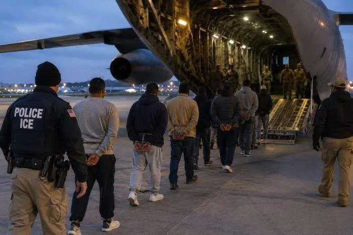 Horizontal view of a charter airplane on the tarmac preparing for a US immigration and deportation flight.