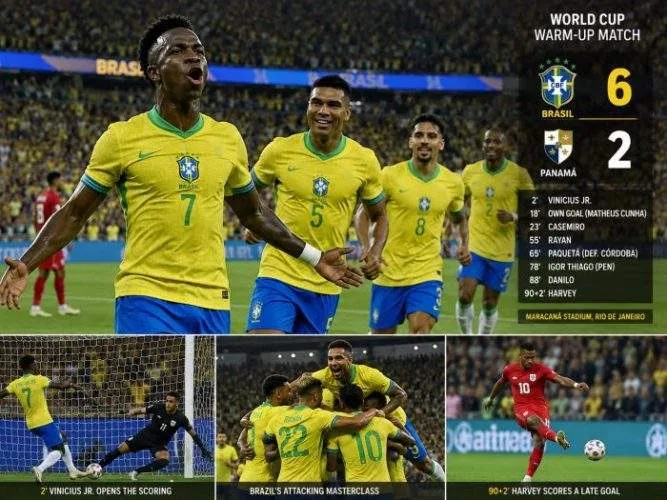 Vinicius Jr. sprinting down the pitch of the Maracanã Stadium celebrating an early goal with fans cheering wildly in the stands.