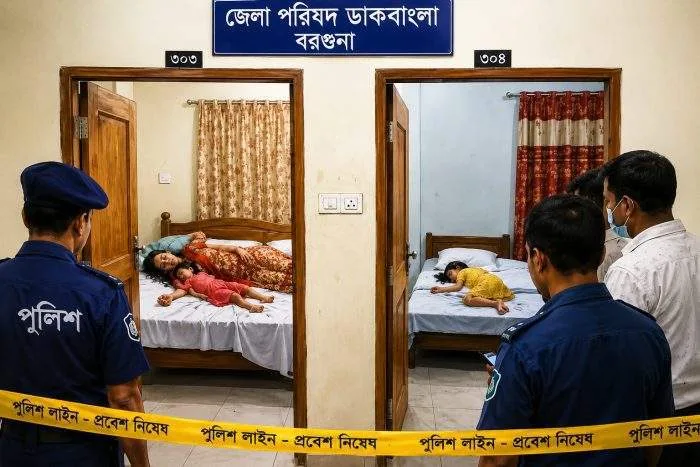 Police officers and investigators stand outside two rooms at the Barguna District Council guesthouse where the bodies of a Hindu mother and her two daughters were discovered, as authorities examine the scene.