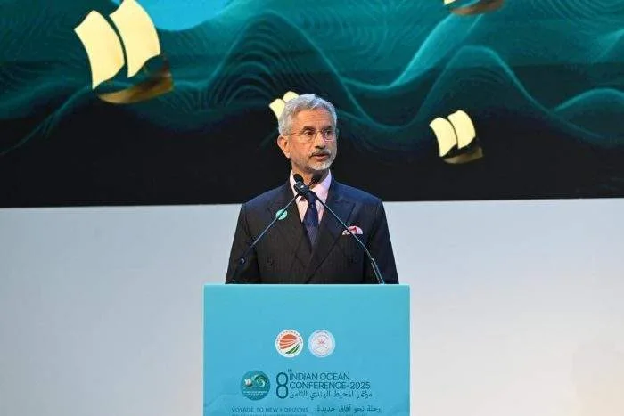 Indian External Affairs Minister S. Jaishankar addresses an international policy gathering. Title: Jaishankar Defends India’s Democratic Sovereignty