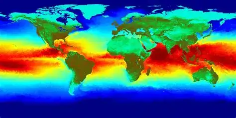 A global satellite climate map illustrating sea surface temperature anomalies across the Pacific Ocean, highlighting intense red and orange heat plumes characteristic of a powerful El Niño system.