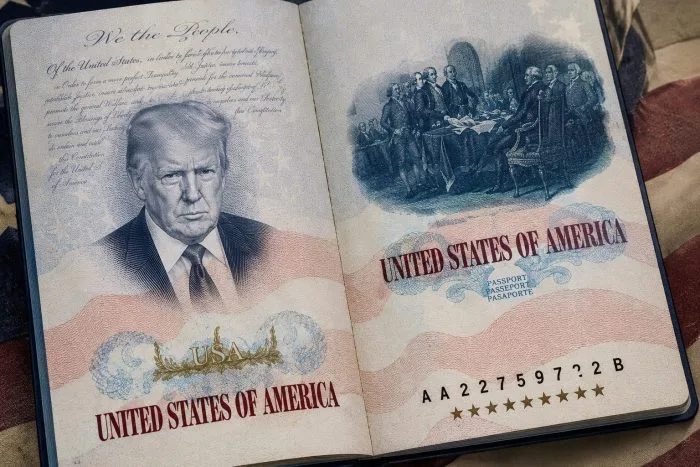 A professional graphic rendering of an open United States passport booklet resting on a clean white surface. The left page displays an official, intense portrait of Donald Trump leaning over the Resolute Desk, overlaying the faded text of the Declaration of Independence and his black ink signature. The right page features a classic historical depiction of the Founding Fathers signing the document in 1776, with the text "United States of America 250" embossed along the bottom.