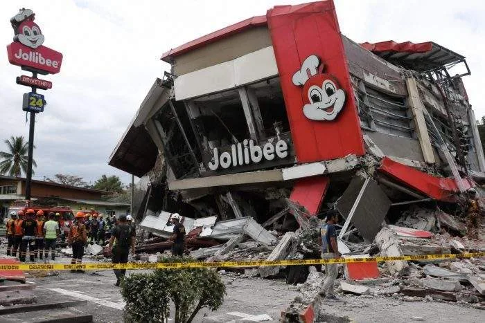 Horizontal view of damaged roads and building debris after the powerful earthquake in Mindanao.