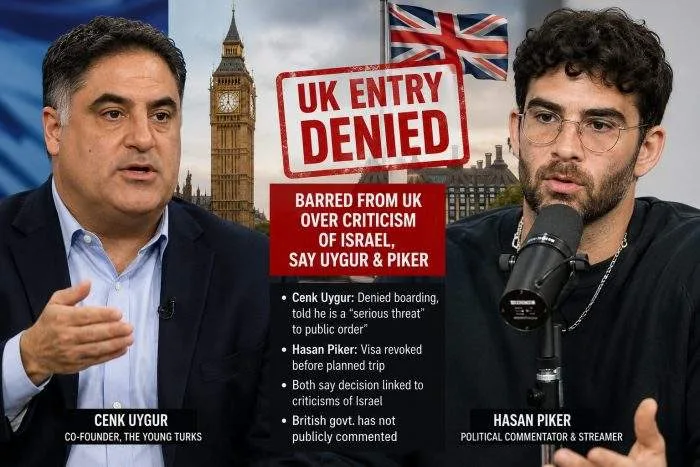 Side-by-side portrait of political commentators Cenk Uygur and Hasan Piker over an abstract digital graphic of the UK Home Office emblem.