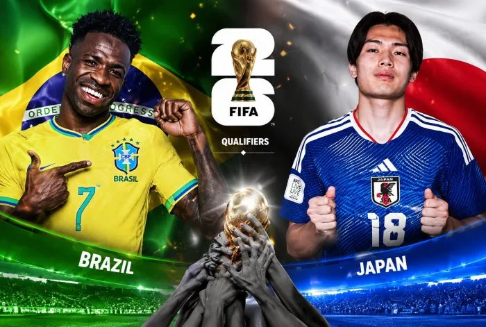 A high-resolution horizontal photograph of Gabriel Martinelli celebrating passionately near the corner flag at the stadium in Houston. He is sliding on his knees with his arms outstretched, surrounded by ecstatic Brazilian teammates in yellow jerseys, while Japanese defenders look dejected in the background under the bright stadium lights.
