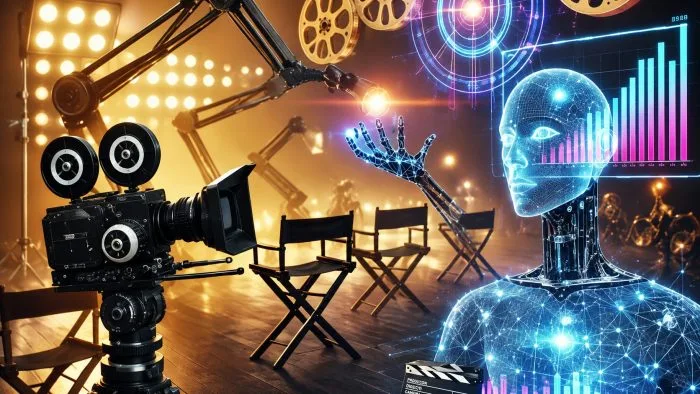 A high-resolution horizontal photograph capturing a modern corporate collaboration workspace. On a sleek conference table, a high-end laptop displays advanced cinematic editing software showcasing neural network nodes over film frames. The background features a blurred minimalist studio wall displaying iconic artistic film posters, subtly combining advanced technology with independent cinema.
