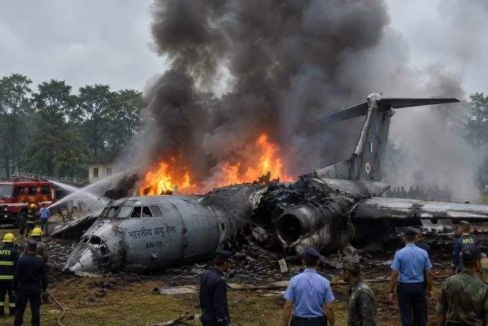 Horizontal view of emergency firefighting teams operating near the wreckage of a military transport plane in Assam.