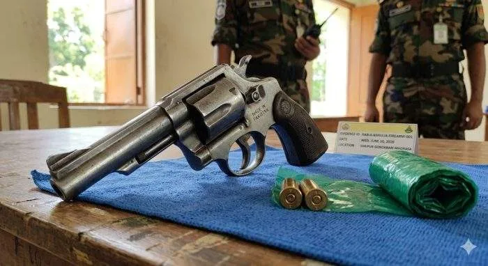 Horizontal close-up view of the recovered eight-chamber revolver and two rounds of ammunition displayed on a table during a RAB press briefing.