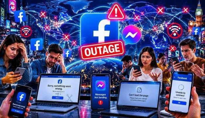 Horizontal view of a person holding a smartphone showing the Facebook login error screen on a dark background.