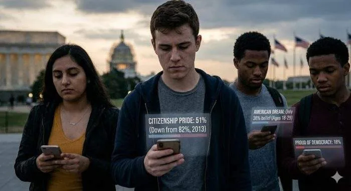 Horizontal close-up view of the four young adults from image_18.png walking solemnly with concerned expressions, holding their phones which clearly display the specific PRRI statistics.