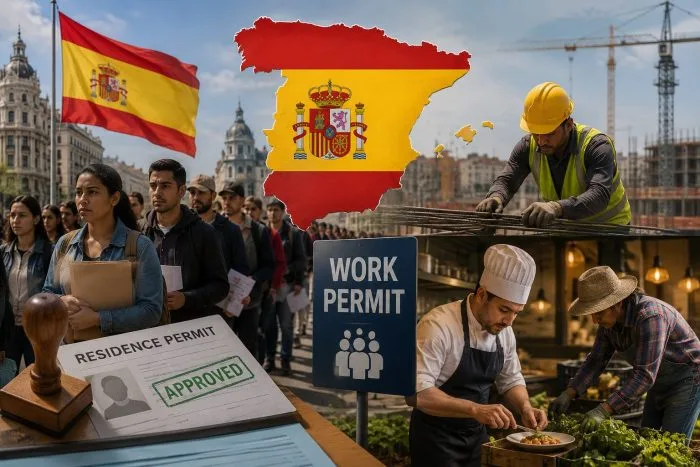 A horizontal, wide-angle documentary photograph showing an expansive city square outside an administrative government building in Madrid, where a diverse crowd of individuals waits in organized lines under a bright morning sky.