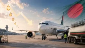 A horizontal wide-angle photograph of a commercial passenger airplane parked on the tarmac at Hazrat Shahjalal International Airport in Dhaka, with a fuel truck positioned alongside its wing under clear daylight.