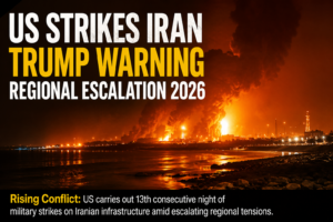 Horizontal shot showing a glowing explosion on the horizon in a coastal area during a night military strike.