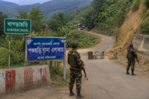 Horizontal shot showing hilly terrain and road checkpoint in Khagrachhari district.
