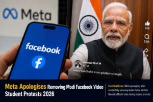 Horizontal shot showing the Facebook logo on a mobile screen with Prime Minister Narendra Modi in the background.