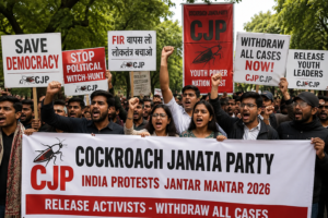 Horizontal shot of student activists holding banners and chanting slogans during a political demonstration in New Delhi.
