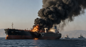 Horizontal shot showing smoke rising over the ocean horizon near the Strait of Hormuz as naval tension escalates.