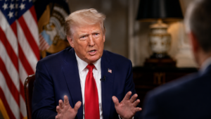 Horizontal shot of US President Donald Trump speaking seriously during an interview setup in Washington.