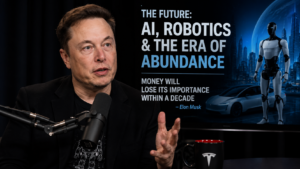 Horizontal shot of billionaire Elon Musk speaking thoughtfully during a podcast interview about future AI developments.