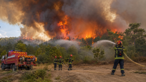 Horizontal shot showing thick smoke plumes and orange flames engulfing a forest area near Bordeaux.