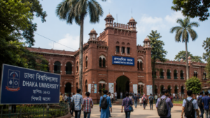 Horizontal shot showing the Administrative Building of Dhaka University with students and visitors outside.