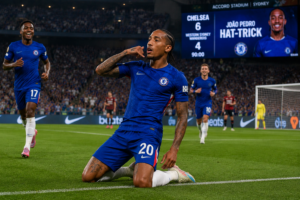 Horizontal shot showing Joao Pedro celebrating a goal in his Chelsea debut match at Accor Stadium Sydney.