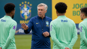 Horizontal shot showing Brazil head coach Carlo Ancelotti giving instructions during a training session.