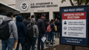 Horizontal shot showing asylum seekers waiting near a US federal immigration building.