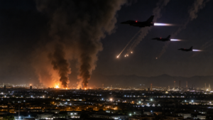 Horizontal shot showing smoke rising in the distance following airstrikes during night military operations in the Gulf region.