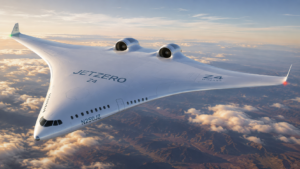 Horizontal rendering showing JetZero's manta ray-shaped blended-wing passenger aircraft flying through the sky.