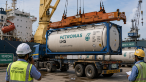 Horizontal shot showing LNG ISO tank containers being transported at Chattogram Port in Bangladesh.