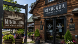 Horizontal shot showing the exterior entrance of Minocqua Brewing Company in Wisconsin.