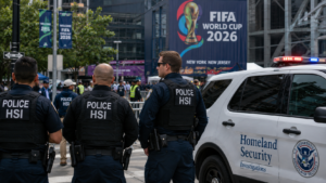 Horizontal shot showing federal law enforcement officers standing near an official DHS security vehicle.