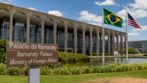 Horizontal shot showing the exterior of the Itamaraty Palace, the Ministry of Foreign Affairs of Brazil, in Brasília