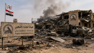 Horizontal shot showing damage at a Popular Mobilisation Forces facility following airstrikes in eastern Iraq.
