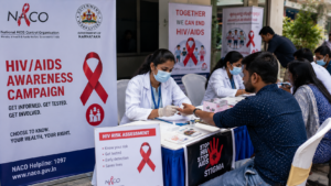 Horizontal shot showing healthcare workers conducting HIV awareness and health screening tests in Bengaluru India.