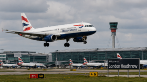 Horizontal shot showing a British Airways Airbus A320 passenger aircraft on final approach to London Heathrow Airport.